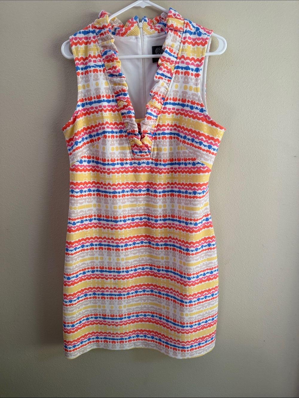 Vince Camuto Sleeveless Ruffle V-Neck Stripe Shift Dress in Yellow, Pink & Blue